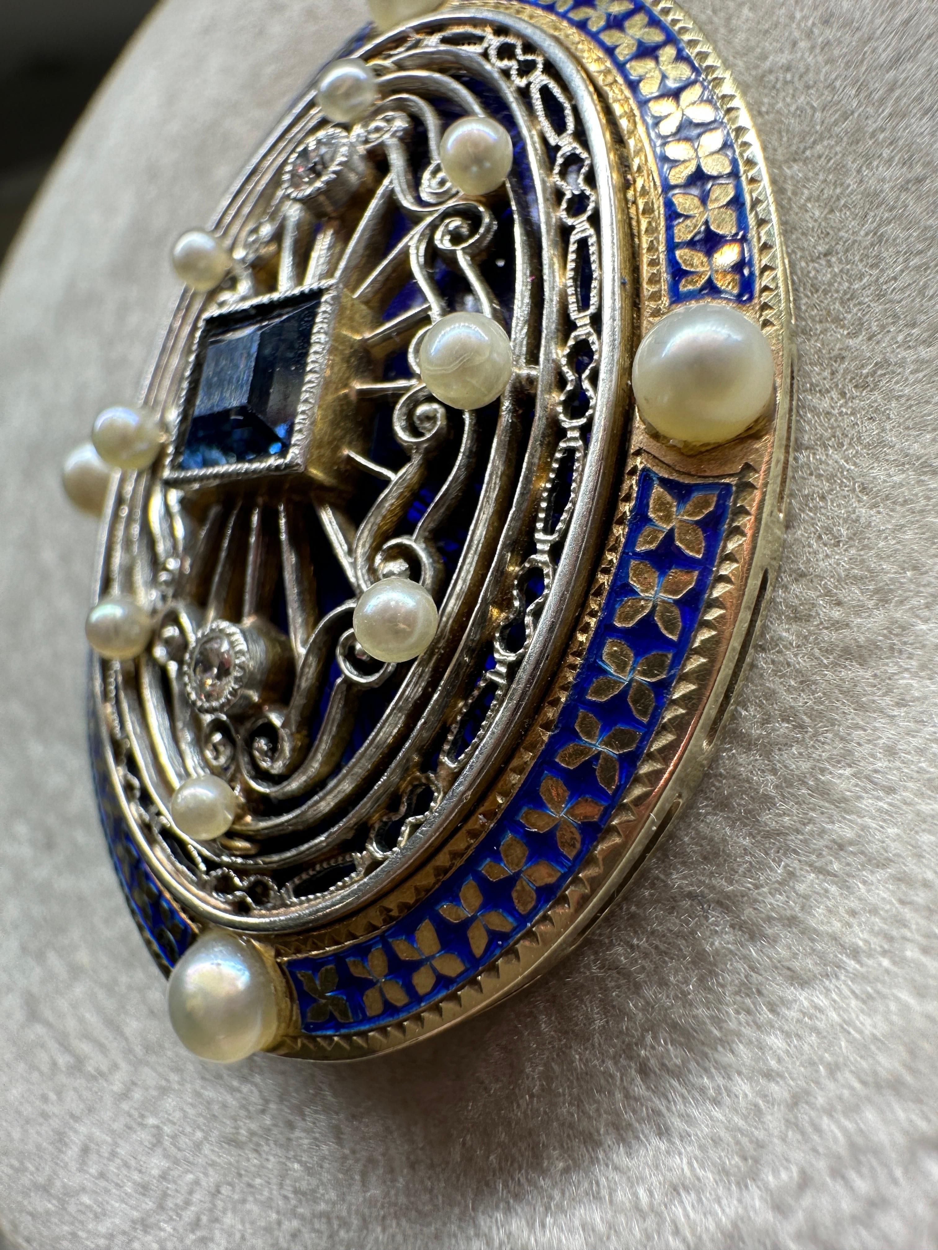 Antique 14k Yellow Gold Edwardian Oval Sapphire & Diamond Pearl Enameled Pendant For Sale 1