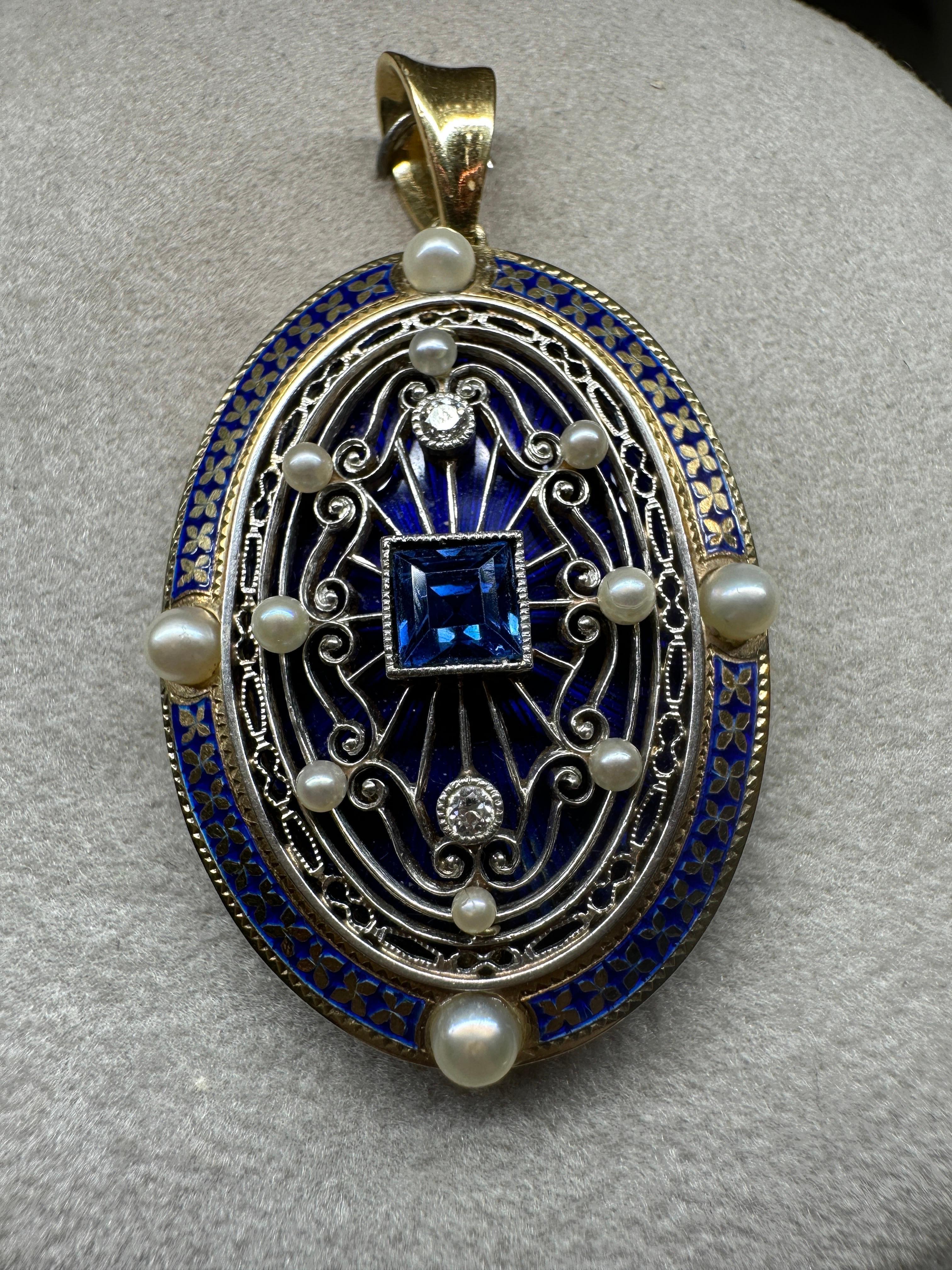 Antique 14k Yellow Gold Edwardian Oval Sapphire & Diamond Pearl Enameled Pendant For Sale 2
