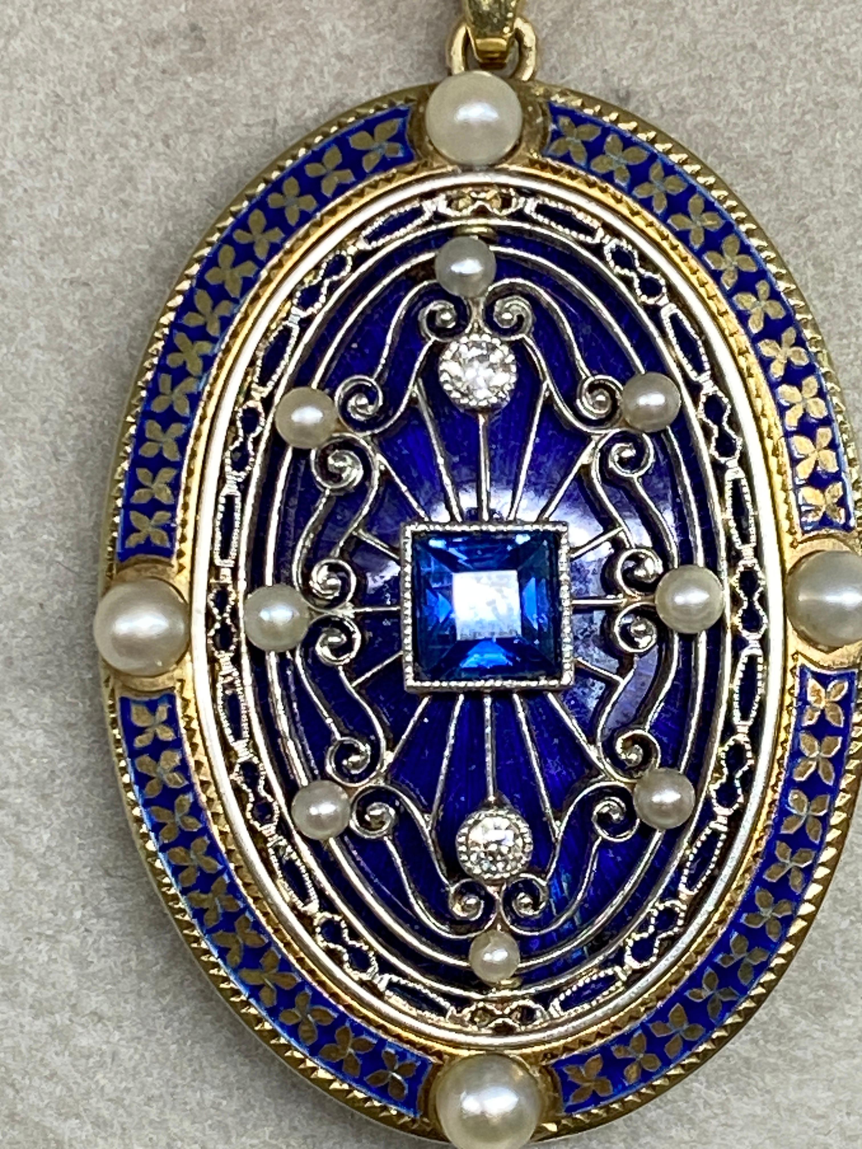 Antique 14k Yellow Gold Edwardian Oval Sapphire & Diamond Pearl Enameled Pendant For Sale 3