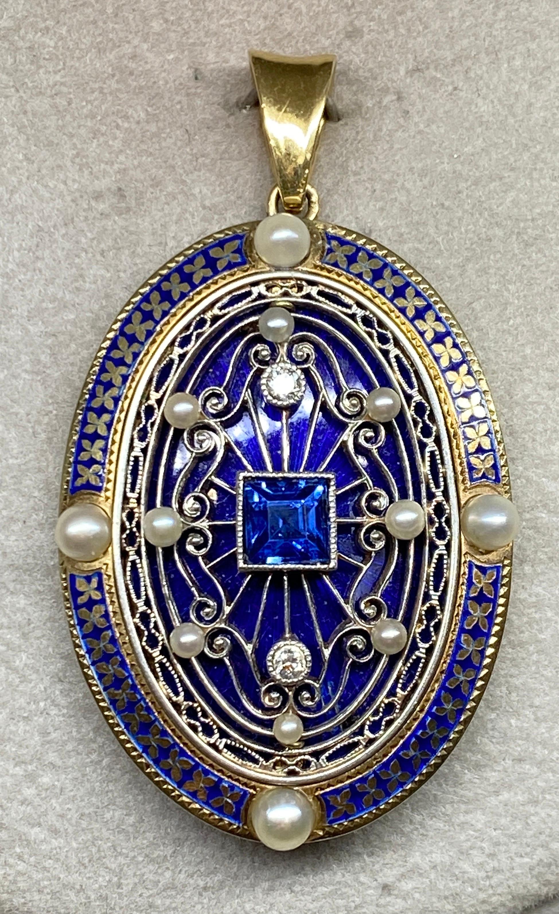 Antique 14k Yellow Gold Edwardian Oval Sapphire & Diamond Pearl Enameled Pendant For Sale 4