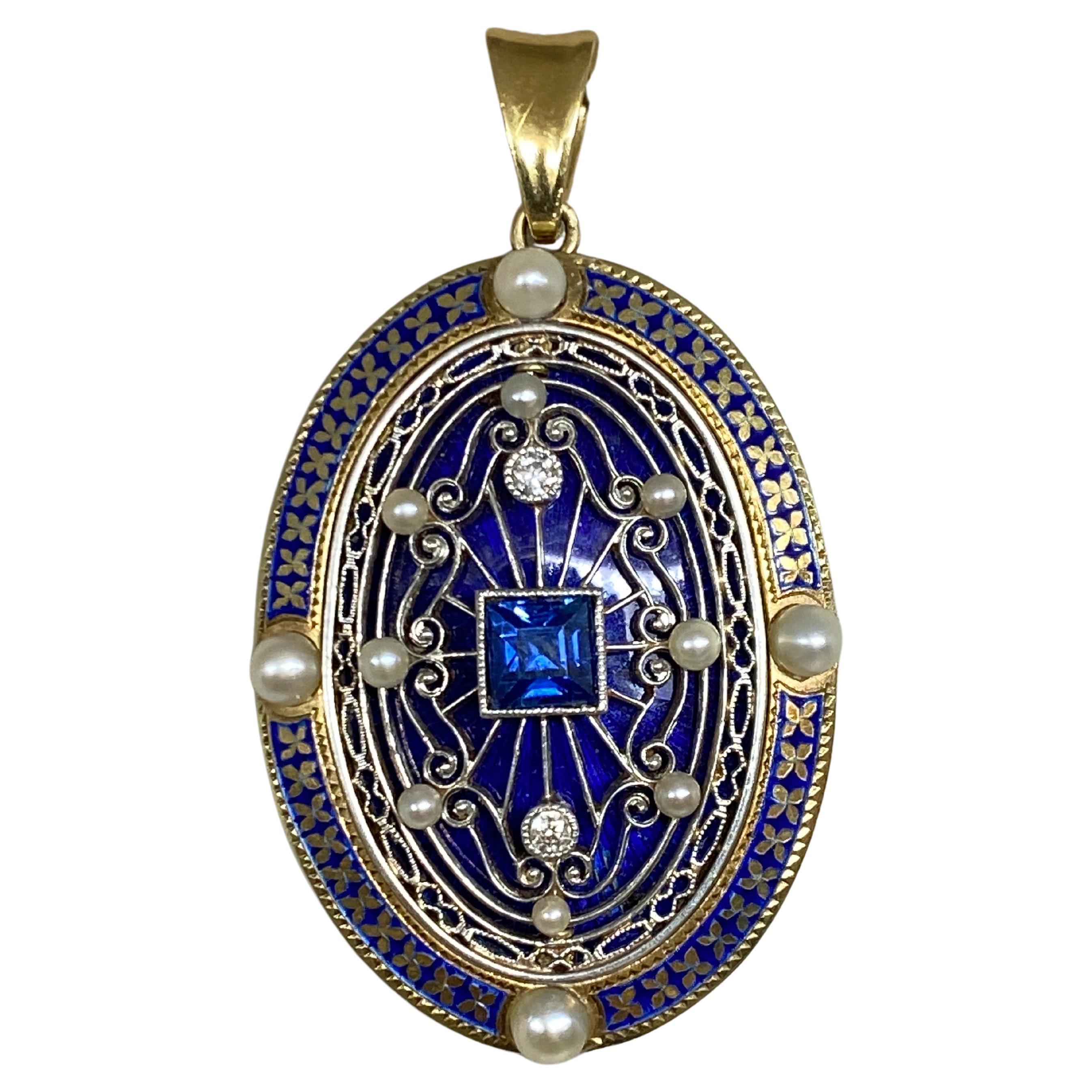 Antique 14k Yellow Gold Edwardian Oval Sapphire & Diamond Pearl Enameled Pendant For Sale