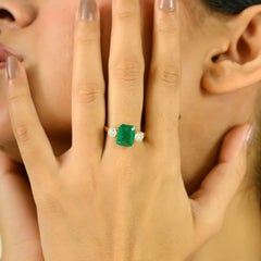 Antique 14k Yellow Gold Emerald & Diamond Octagon Cut Three Stone Ring for Her