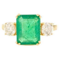 Bague ancienne en or jaune 14k à trois pierres en forme d'émeraude et de diamant, taille octogonale, pour elle