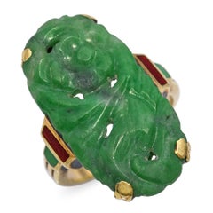 Bague ancienne en or jaune 14k, émail et jade