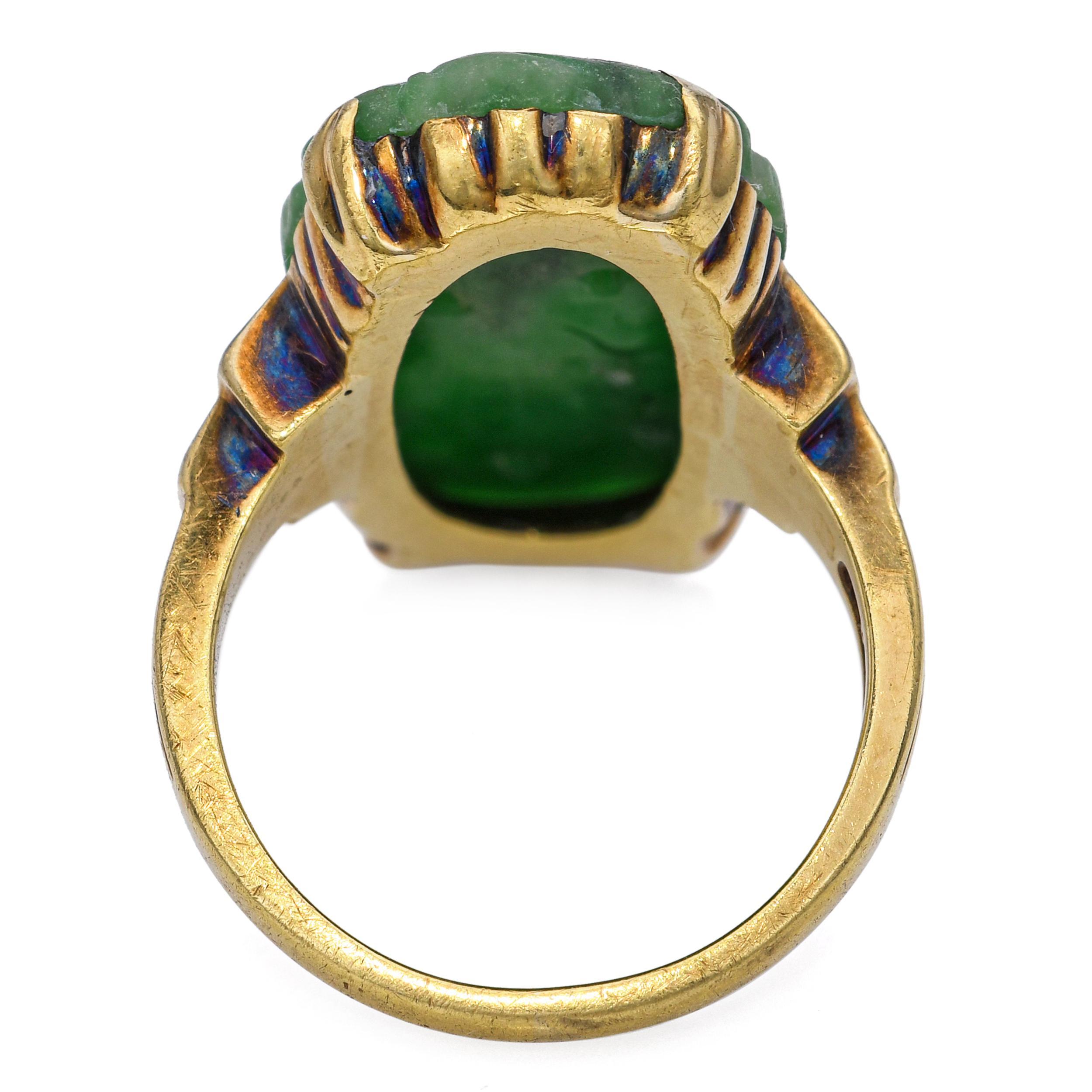 Women's or Men's Antique 14k Yellow Gold Enamel and Jade Ring For Sale