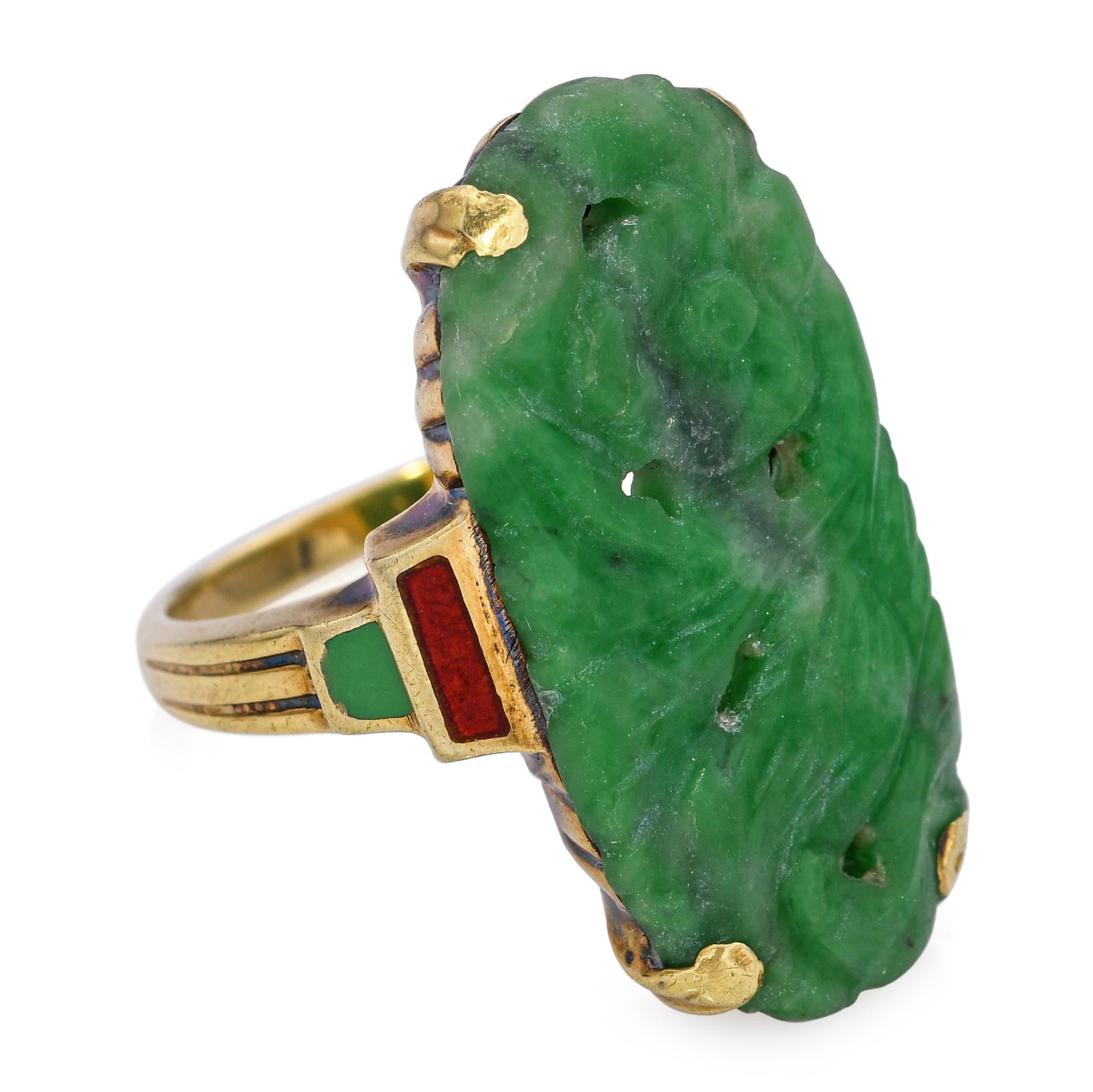 Antique 14k Yellow Gold Enamel and Jade Ring For Sale 1
