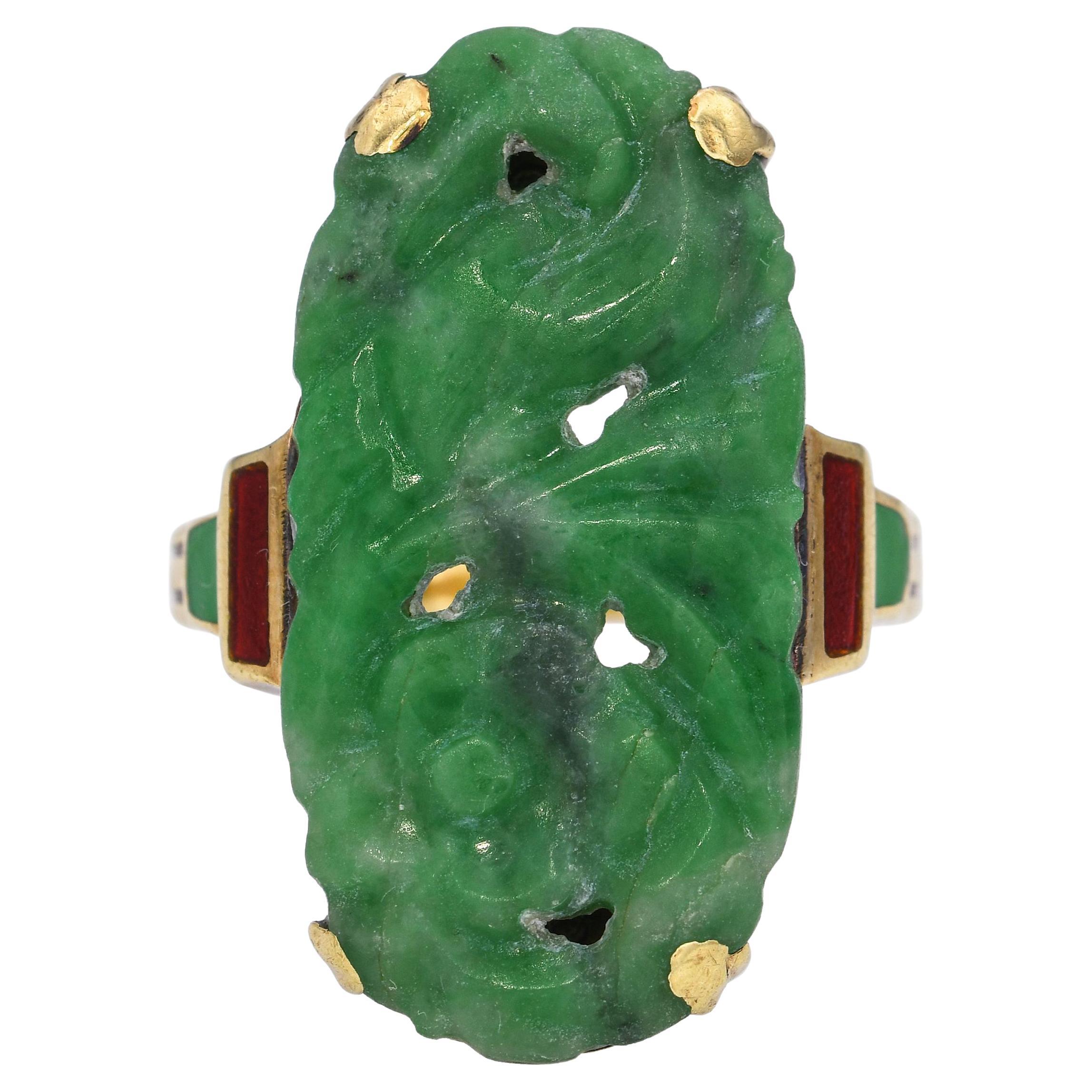 Antique 14k Yellow Gold Enamel and Jade Ring For Sale