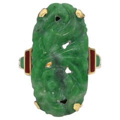 Antique 14k Yellow Gold Enamel and Jade Ring