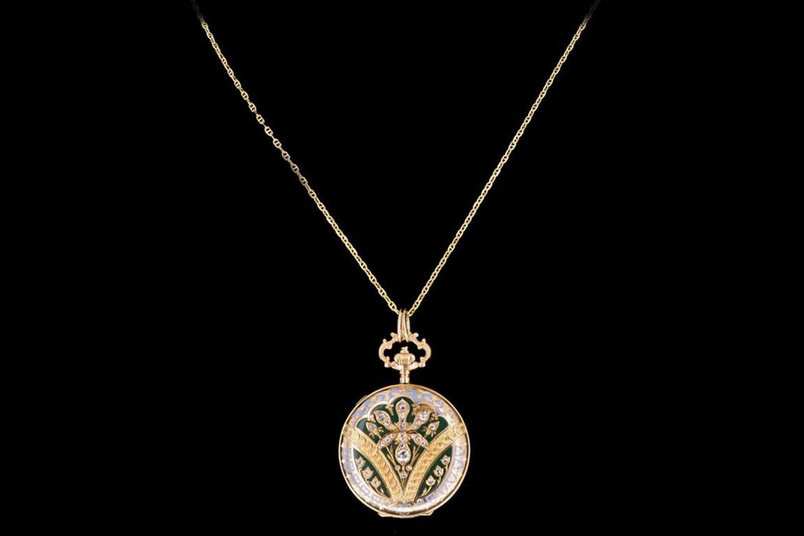 Antique 14k yellow gold enamel and rose cut diamond pendant necklace

Era: Antique
Composition: 14K Yellow gold & Enamel 
Primary stone: Thirty-Two rose cut cut diamonds
Color/Clarity: G/H - VS2-SI2
Necklace length: 31.5 Inches
Necklace weight: 23.8