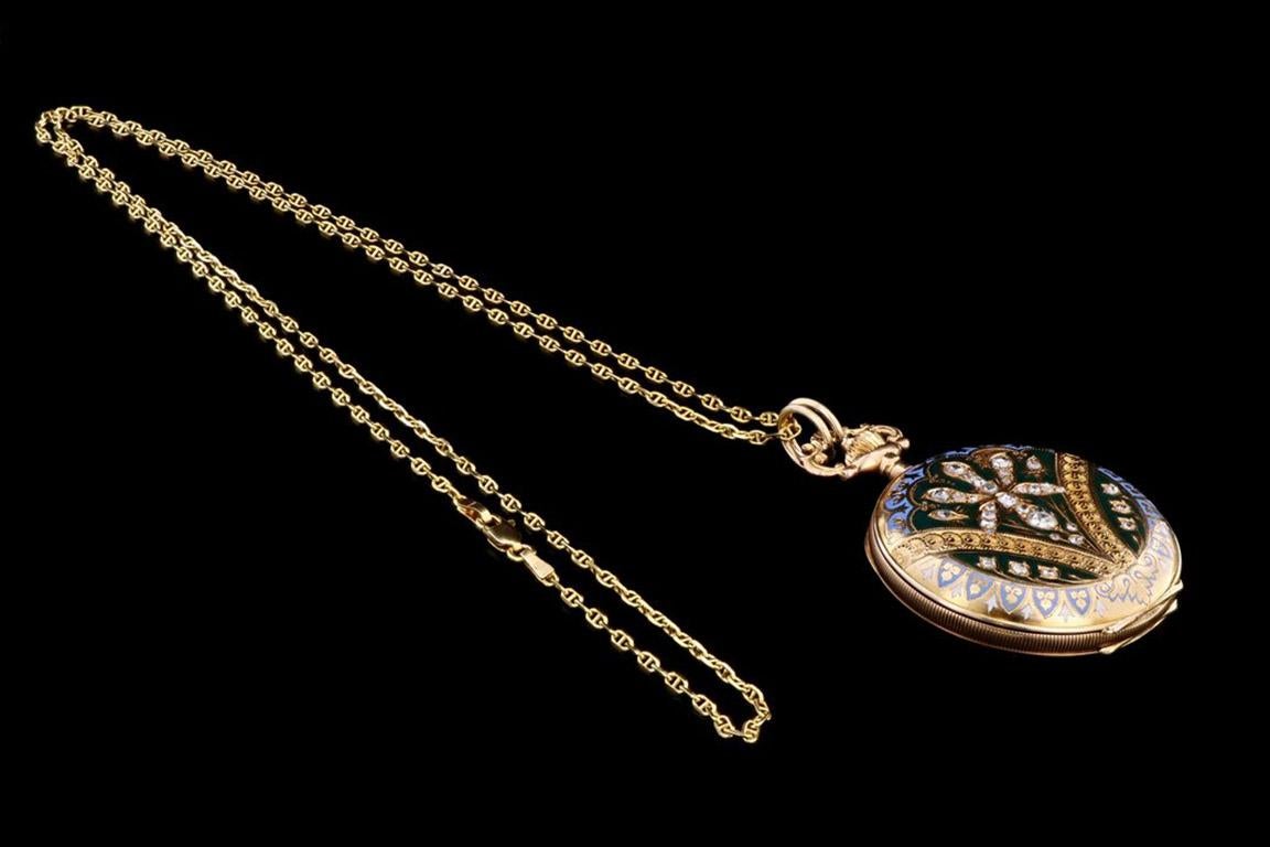 Victorian Antique 14K Yellow Gold Enamel and Rose Cut Diamond Pendant Necklace