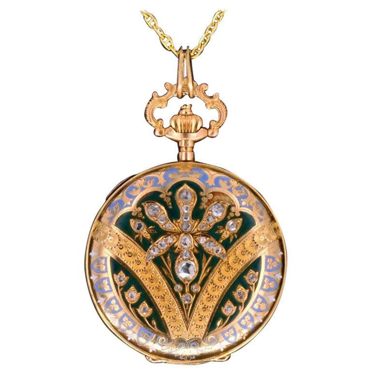 Antique 14K Yellow Gold Enamel and Rose Cut Diamond Pendant Necklace at ...