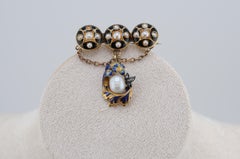 Antique 14K Yellow Gold Enamel Brooch with Natural Pearl, circa 1890