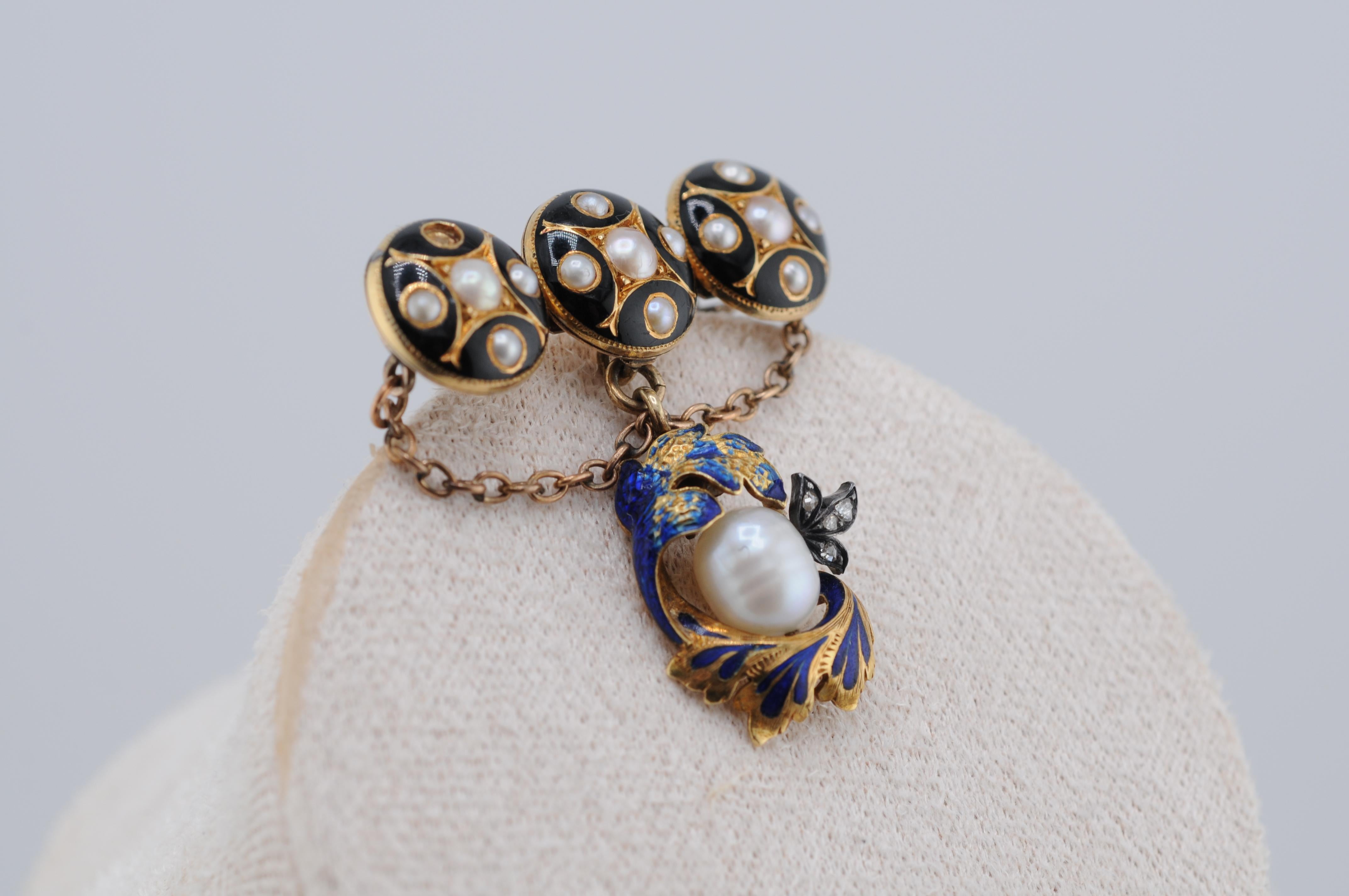 Rough Cut Antique 14K Yellow Gold Enamel Brooch with Natural Pearl, circa 1890 For Sale