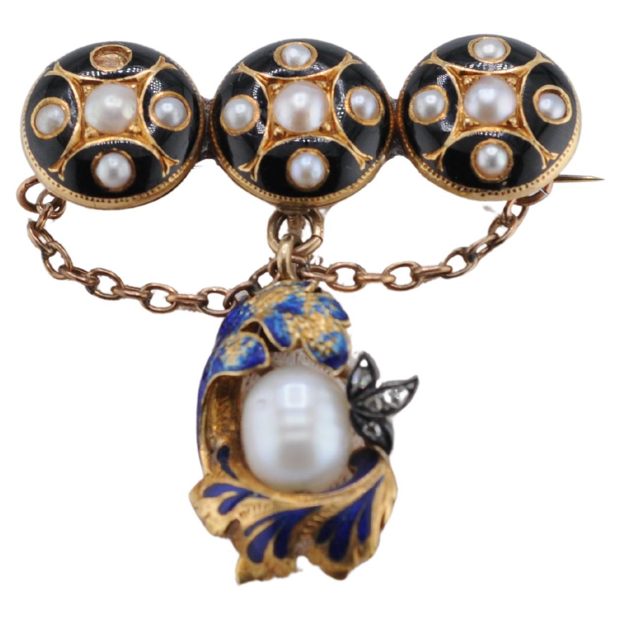 Antique 14K Yellow Gold Enamel Brooch with Natural Pearl, circa 1890 For Sale
