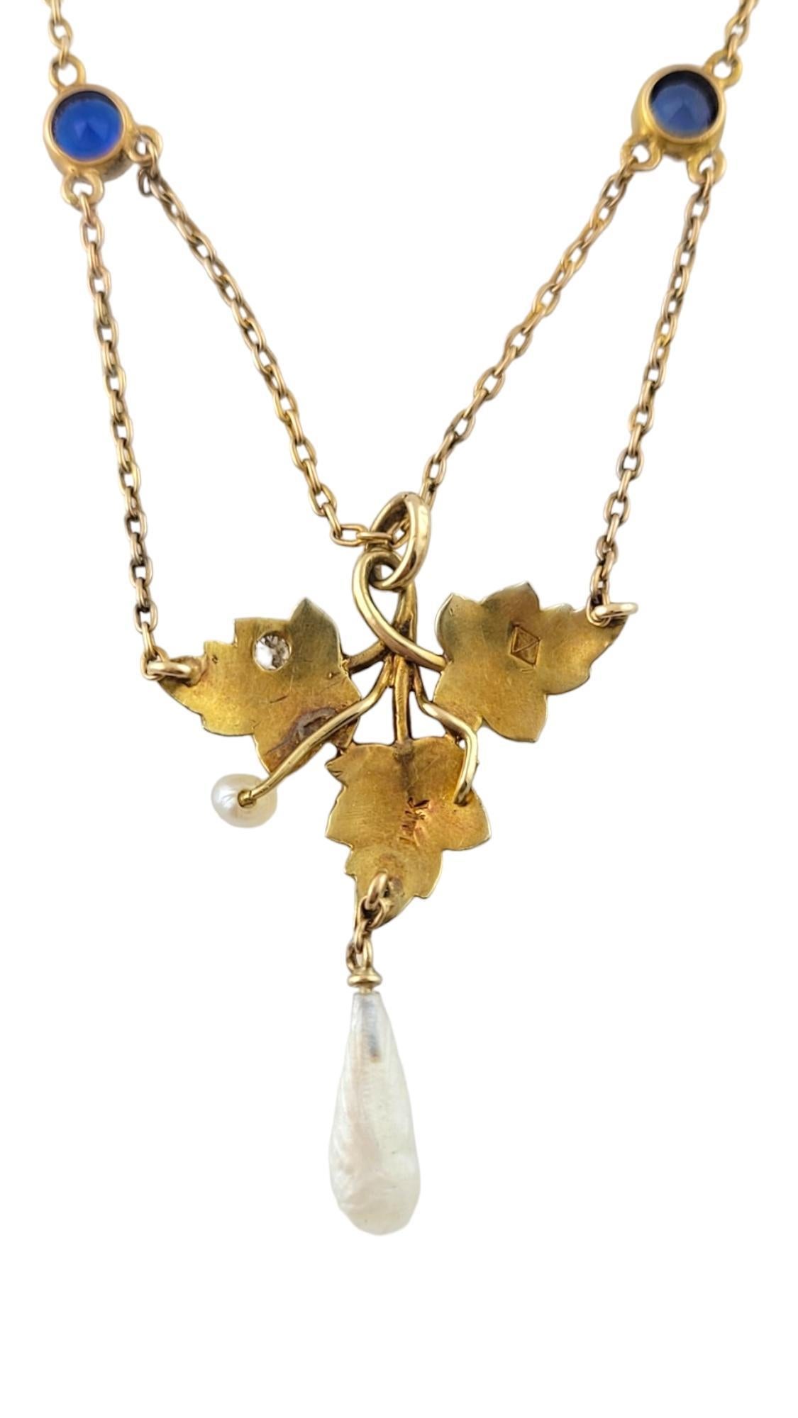Bead Antique 14K Yellow Gold Enameled Leaf Diamond Blue Garnet Necklace #16978 For Sale