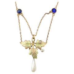 Vintage 14K Yellow Gold Enameled Leaf Diamond Blue Garnet Necklace #16978