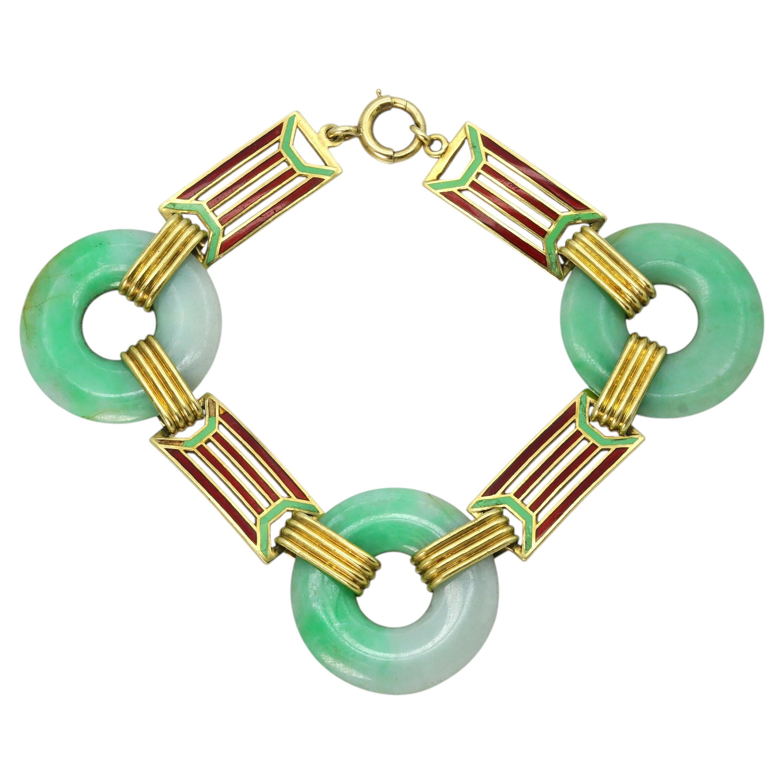 Bracciale antico in oro giallo 14k con maglie smaltate e giada