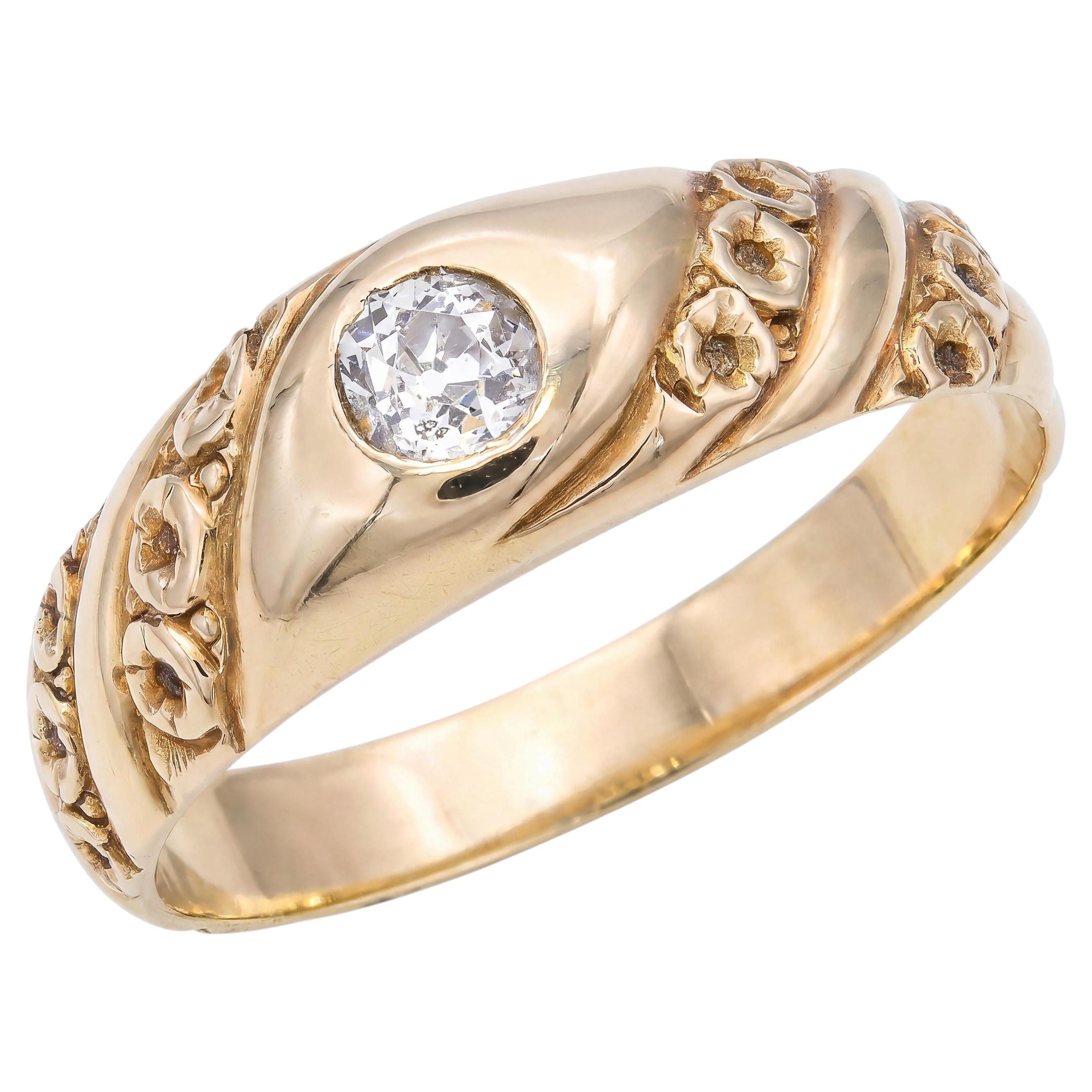 Antique 14k Yellow Gold English 0.20ct Old Euro Cut Diamond Hand Engraved Ring