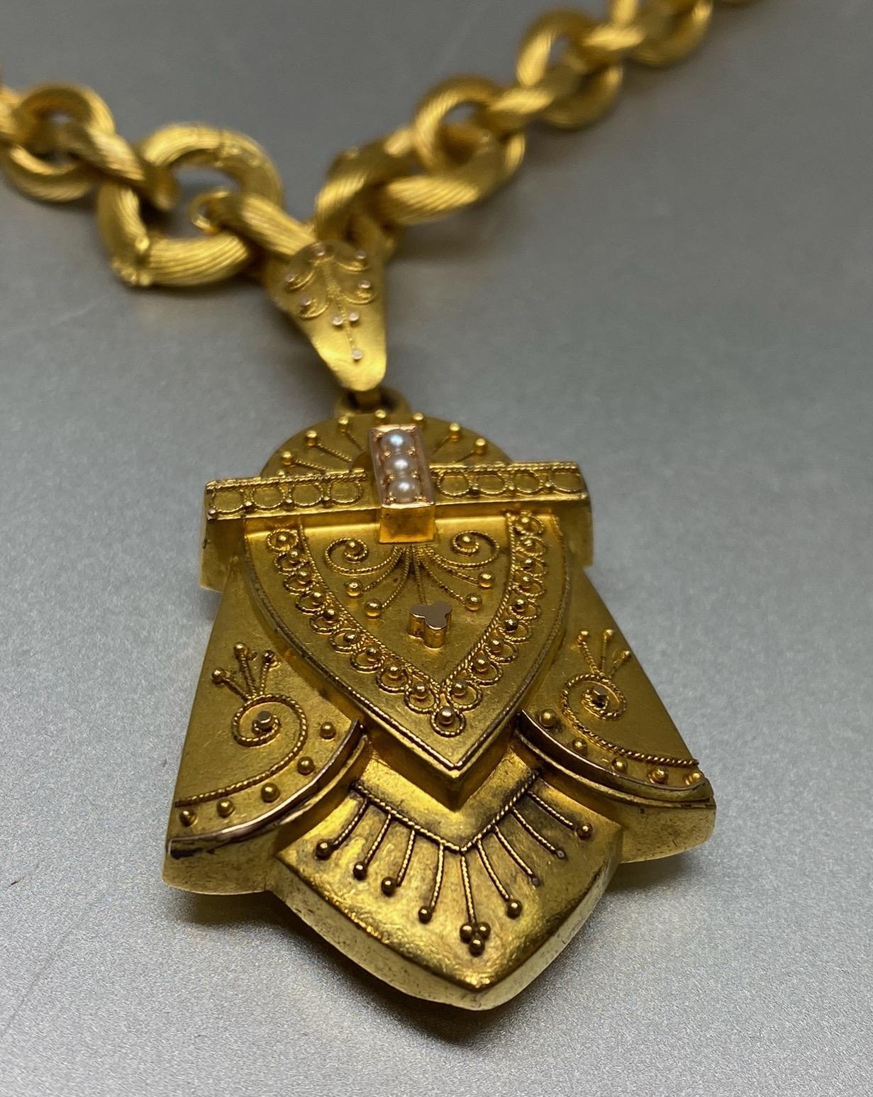 Women's Antique 14k Yellow Gold Etruscan Revival Victorian Locket Pendant Chain Necklace For Sale