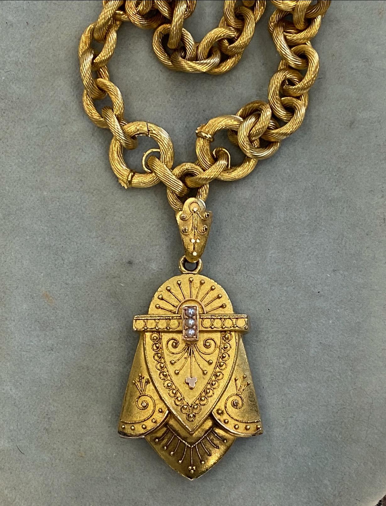 Antique 14k Yellow Gold Etruscan Revival Victorian Locket Pendant Chain Necklace For Sale 1