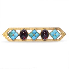 Antique 14k Yellow Gold Faceted Turquoise and Almandine Garnet Bar Brooch
