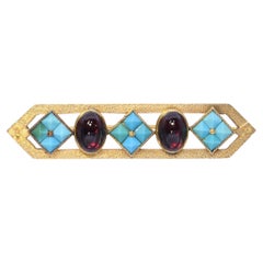 Antique 14k Yellow Gold Faceted Turquoise and Almandine Garnet Bar Brooch