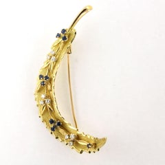 Antique 14k Yellow Gold Feather Brooch with Sapphire & Diamond, 1910
