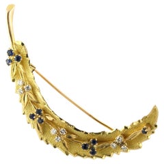 Antique 14k Yellow Gold Feather Brooch with Sapphire & Diamond, 1910