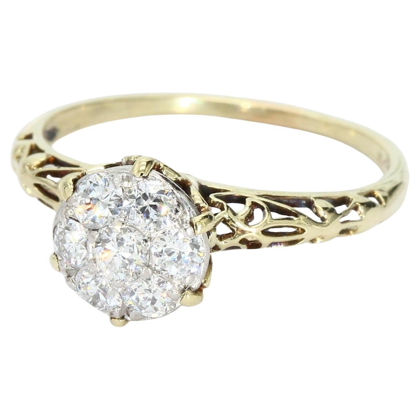 Antique 14k Yellow Gold Filigree Ring 
Diamond Cluster Center - Size 7.25 For Sale