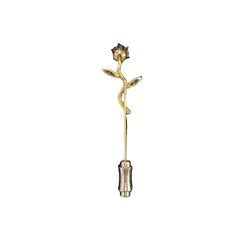 Antique 14k Yellow Gold Floral Stickpin with Amethyst Center and Marquise Leaves