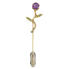Antique 14k Yellow Gold Floral Stickpin with Amethyst Center and Marquise Leaves