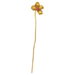 Vintage 14K Yellow Gold Flower Stickpin with Ruby Center