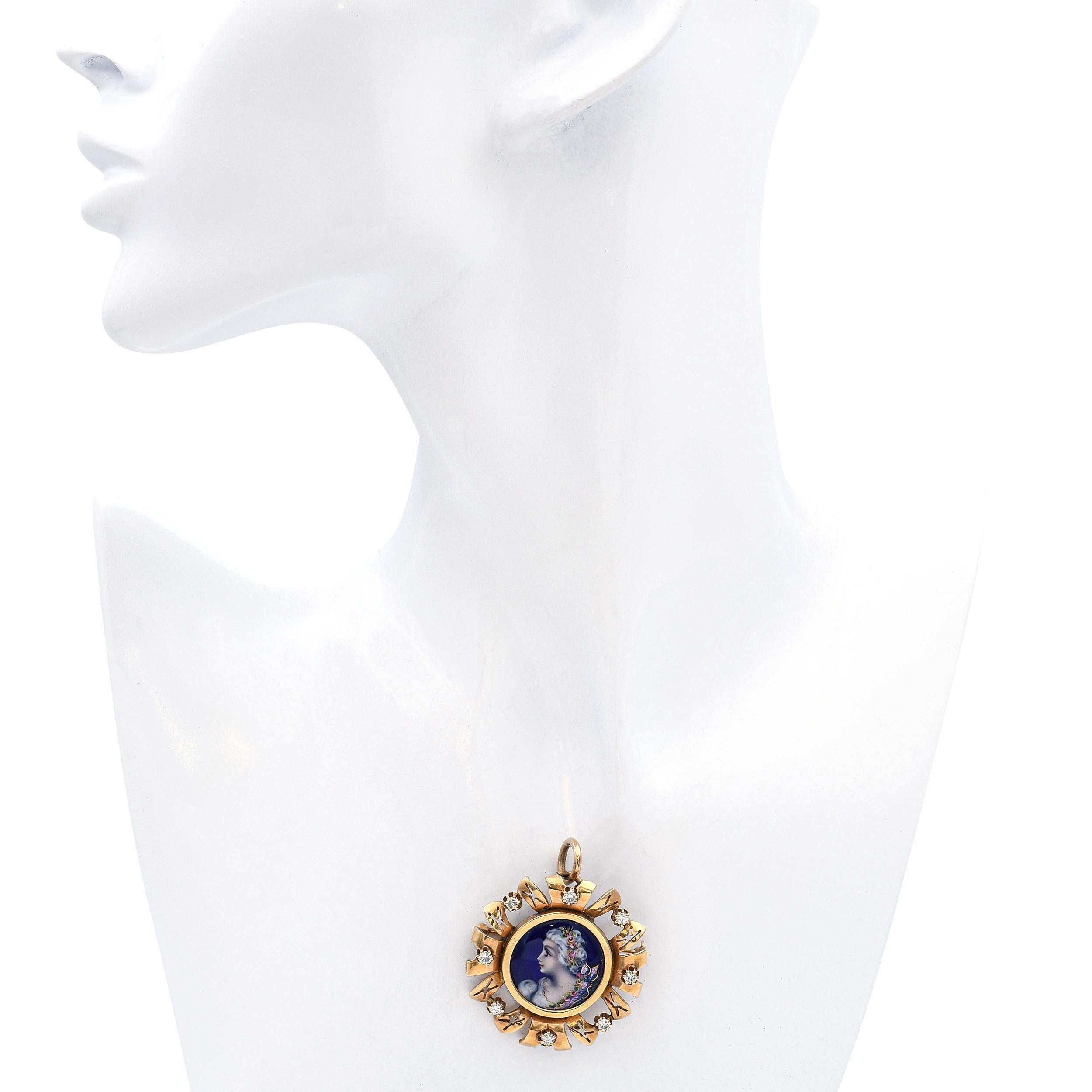 Antique 14k Gelbgold Französisch Porträt von Frauen Diamant Brosche Anhänger (Rundschliff) im Angebot