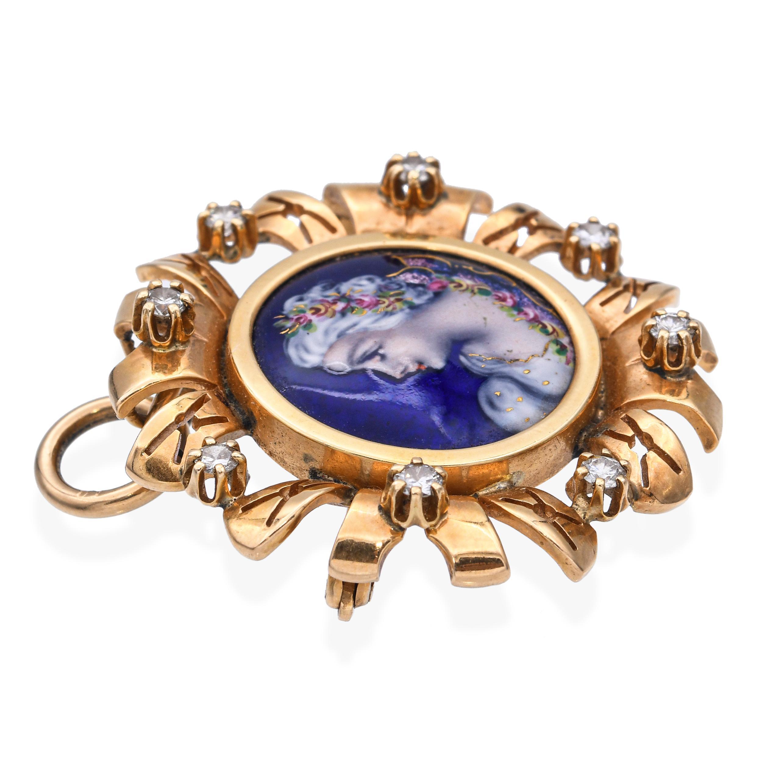 Antique 14k Gelbgold Französisch Porträt von Frauen Diamant Brosche Anhänger im Zustand „Gut“ im Angebot in New York, NY