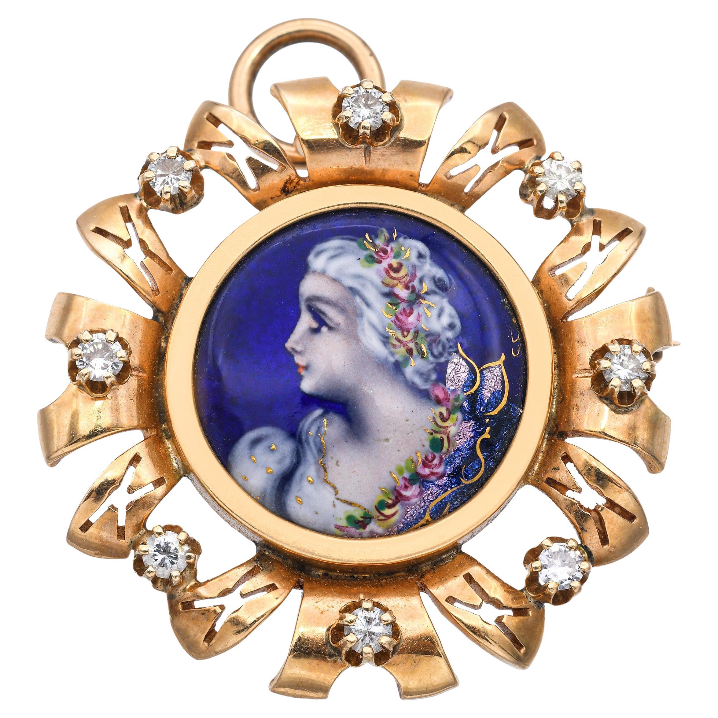 Antique French, oro giallo 14k, ritratto di donna con ciondolo a spilla con diamante