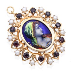 Antique 14k Yellow Gold French Portrait of Women Garnet and Pearl Brooch Pendant