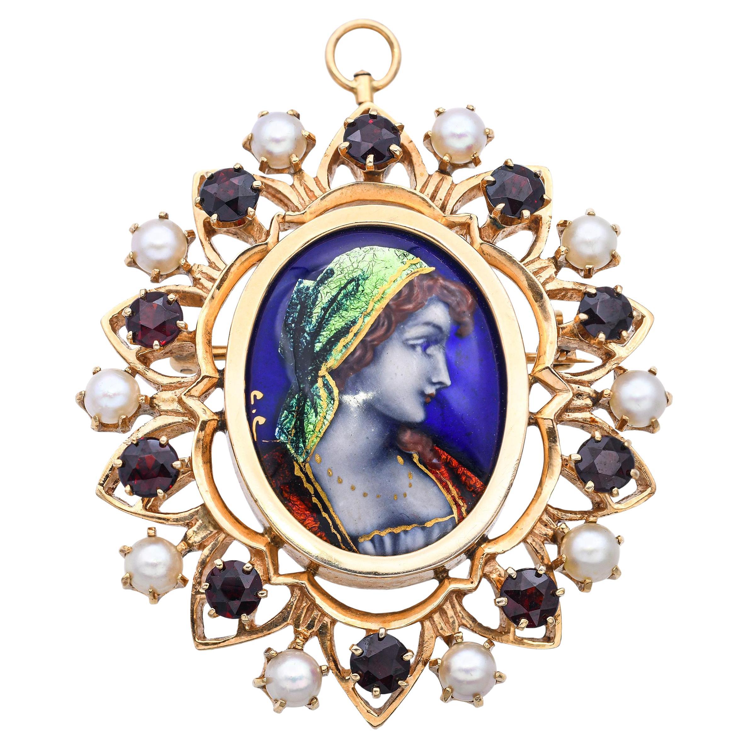 Antique French, oro giallo 14k, ritratto di donna con granato e perle, ciondolo a spilla