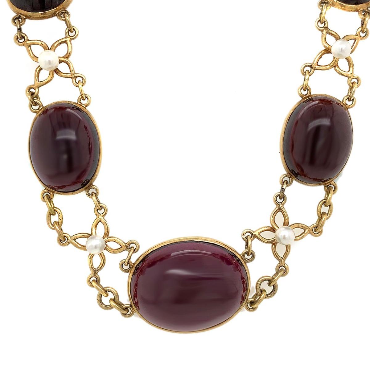 Metal : 14k Yellow Gold
Gemstone: Garnet, Pearl
Total Weight: 62.5 grams
Condition: Excellent
Length: 7.08 inches

SKU#N-01670