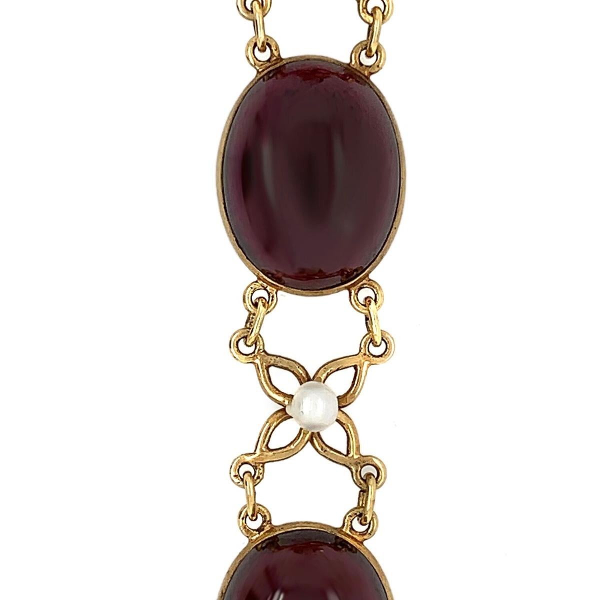 Antique 14 Karat Yellow Gold Garnet Pearl Necklace In Excellent Condition For Sale In New York, NY