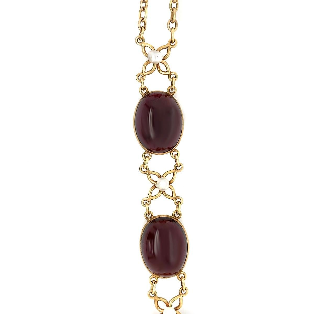 Antique 14 Karat Yellow Gold Garnet Pearl Necklace For Sale 2