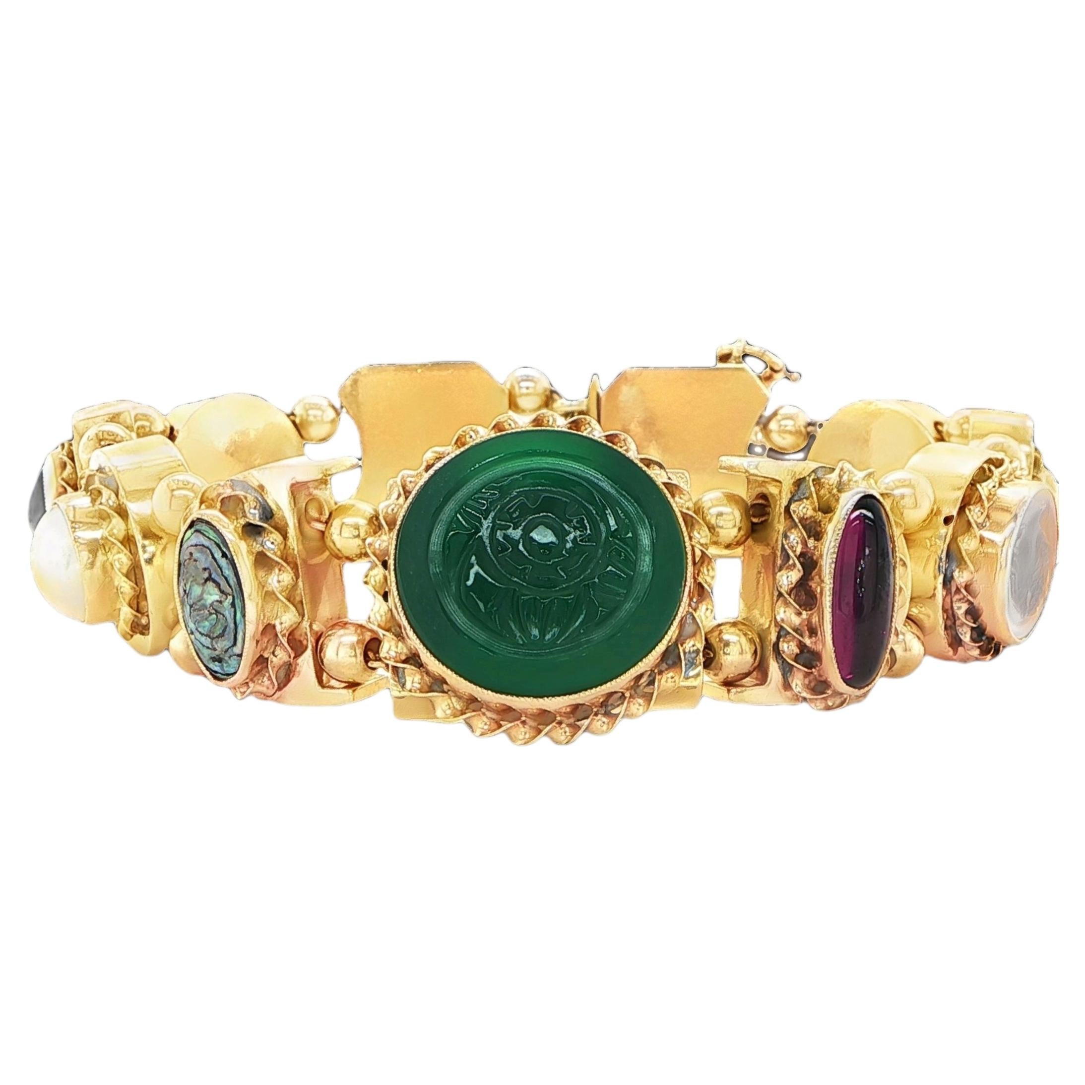 Antique 14K Yellow Gold Gemstone Slide Bracelet For Sale