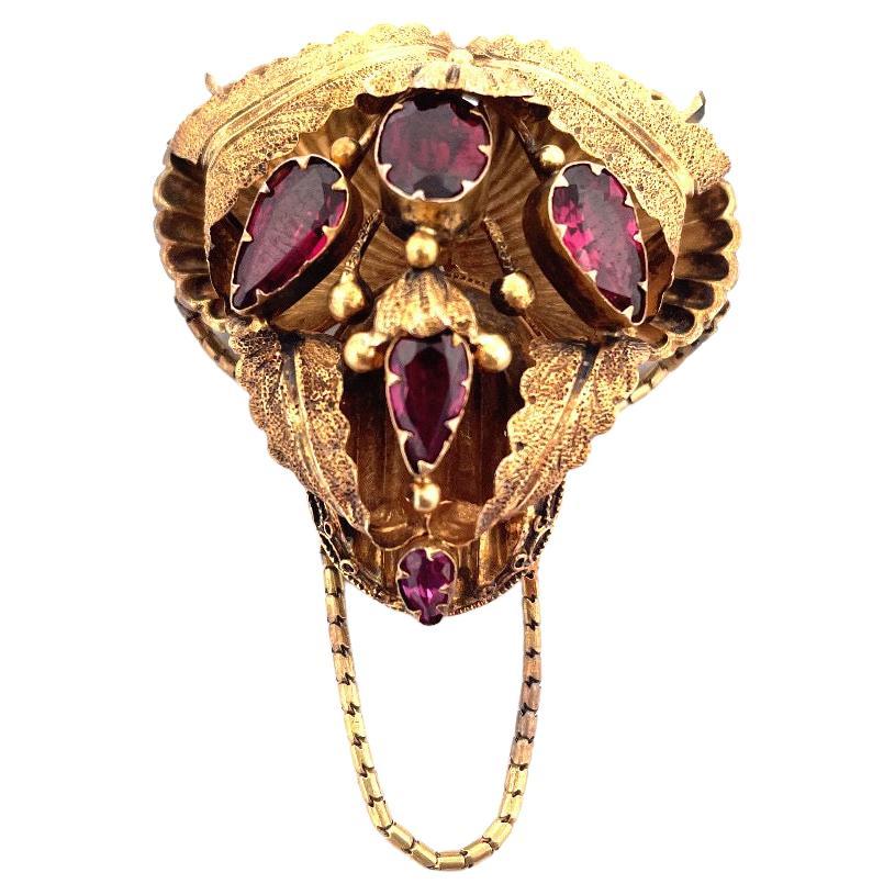 Antique 14k Yellow Gold Georgian Leaves Brooch with Garnet For Sale