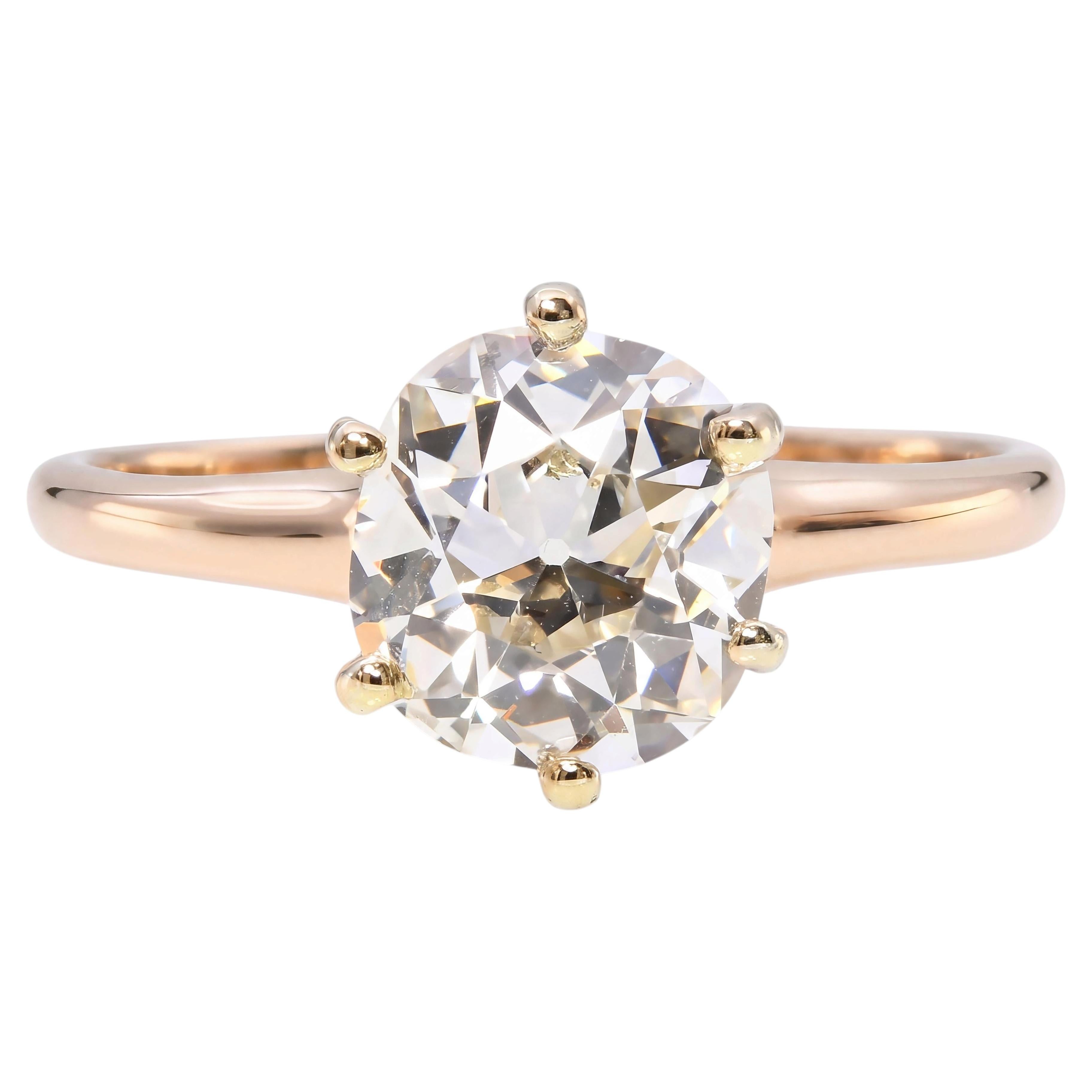 Antique 14k Yellow Gold GIA 2.02ct J Si2 Old Mine Brilliant Cut Diamond Ring