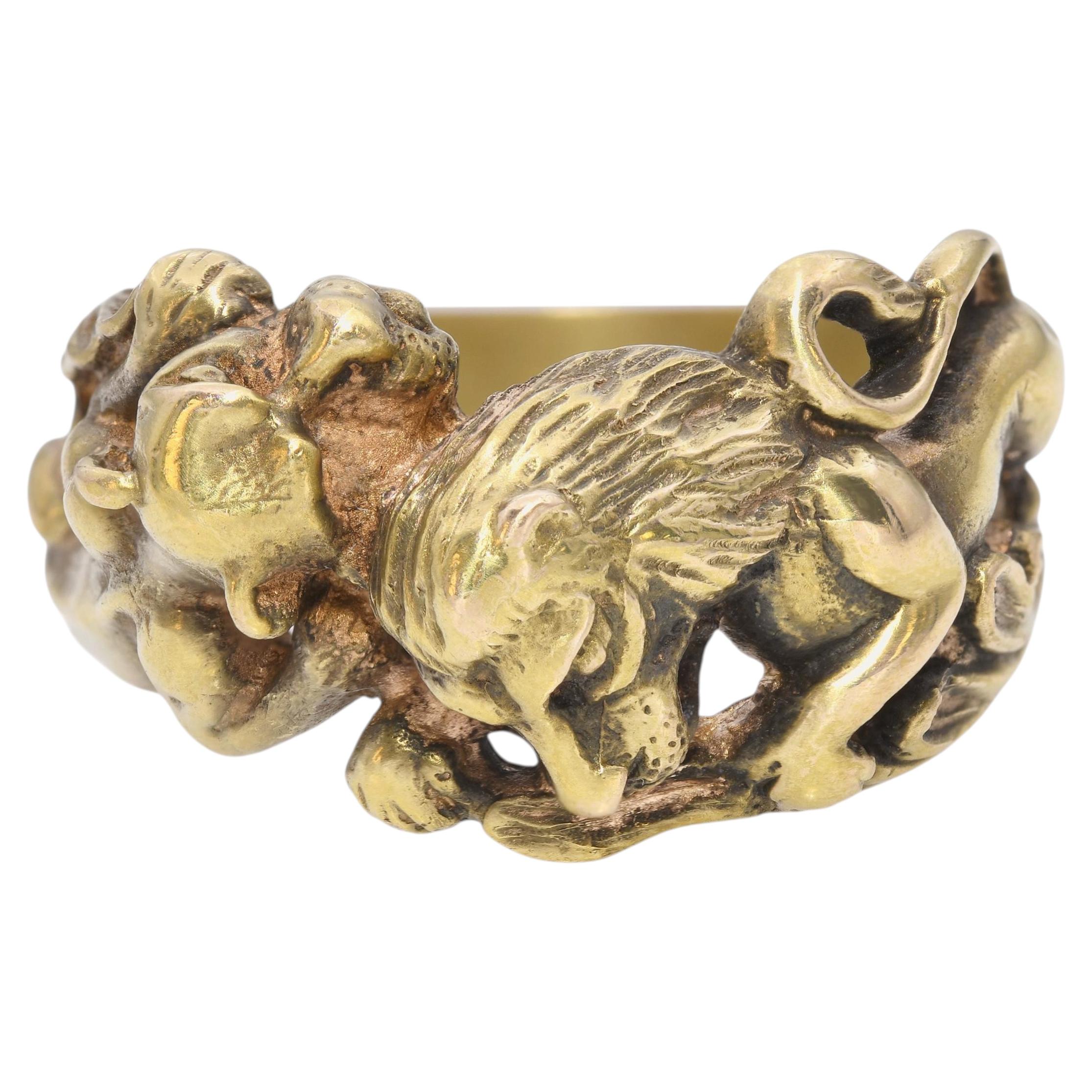 Antiker 14k Gelbgold Gold Löwe und Panther Ring