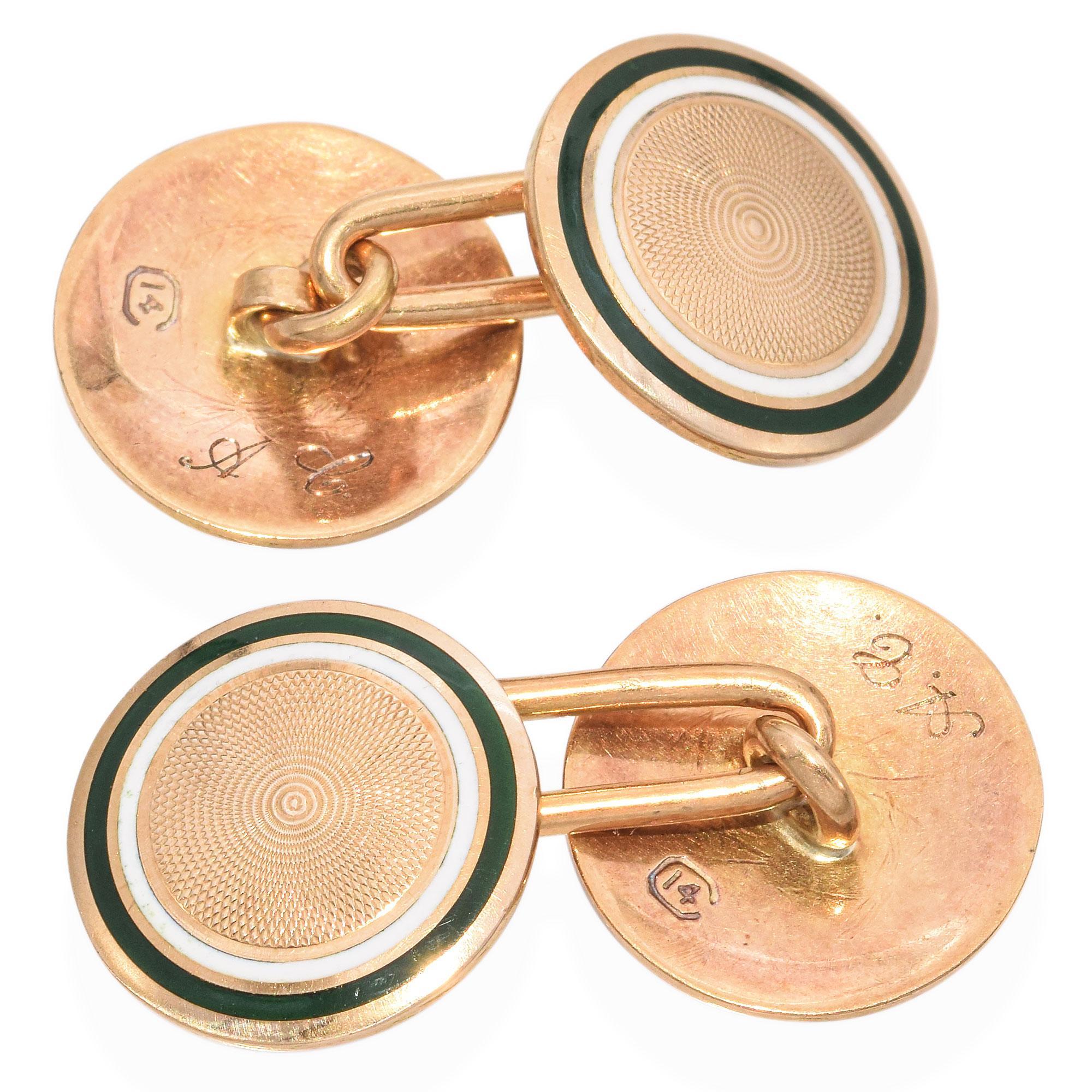 Antique 14K Yellow Gold Guilloché Etched Enamel Round Disc Mens Cufflinks In Good Condition For Sale In New York, NY