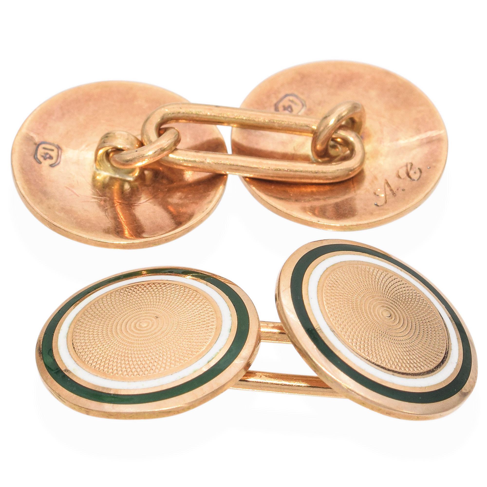 Men's Antique 14K Yellow Gold Guilloché Etched Enamel Round Disc Mens Cufflinks For Sale