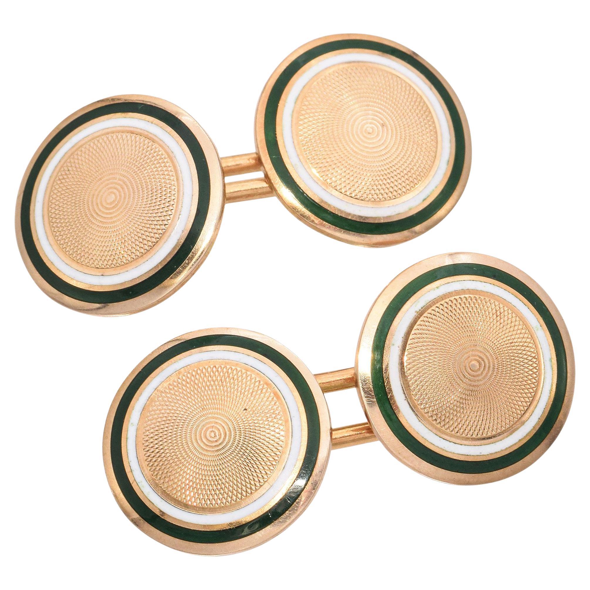 Antique 14K Yellow Gold Guilloché Etched Enamel Round Disc Mens Cufflinks For Sale