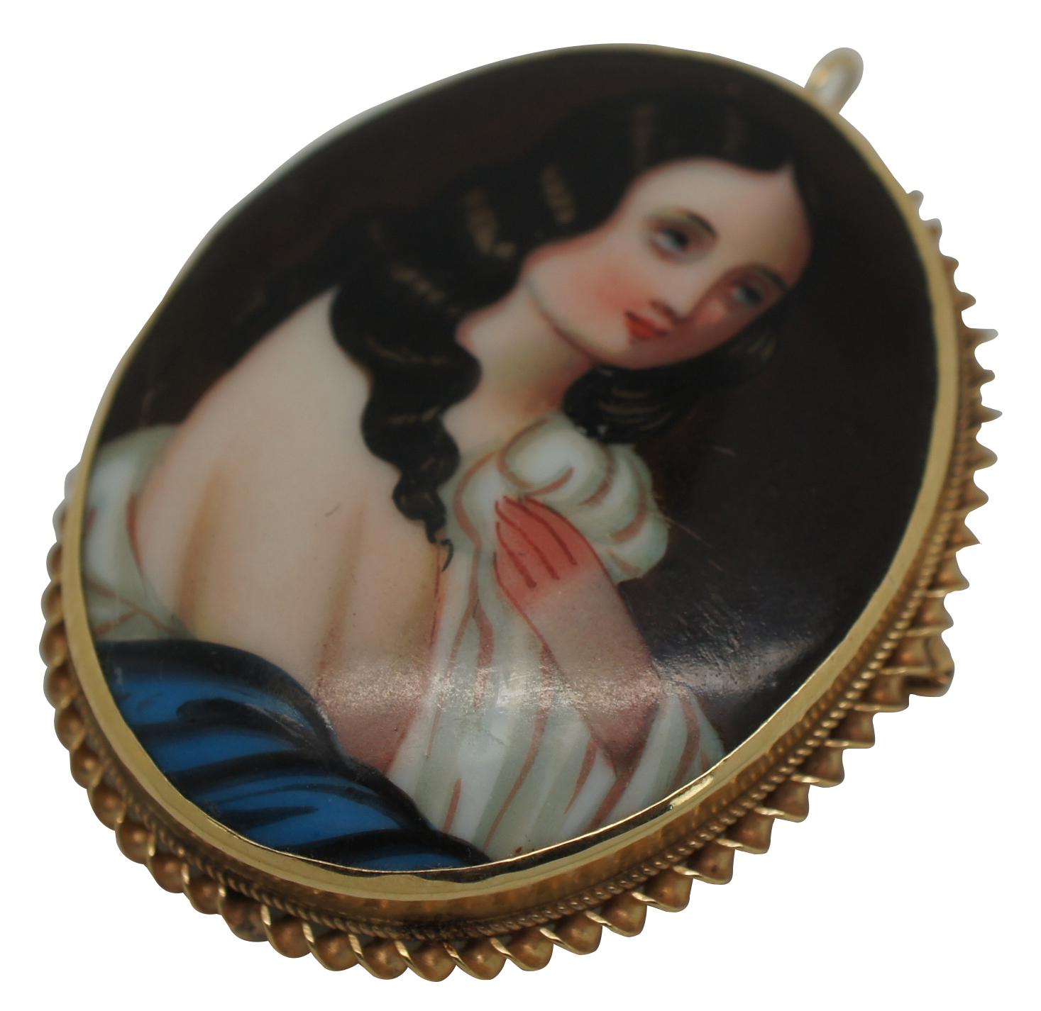 Victorian 14-Karat Yellow Gold Hand Painted Porcelain Cameo Portrait Brooch Pendant For Sale