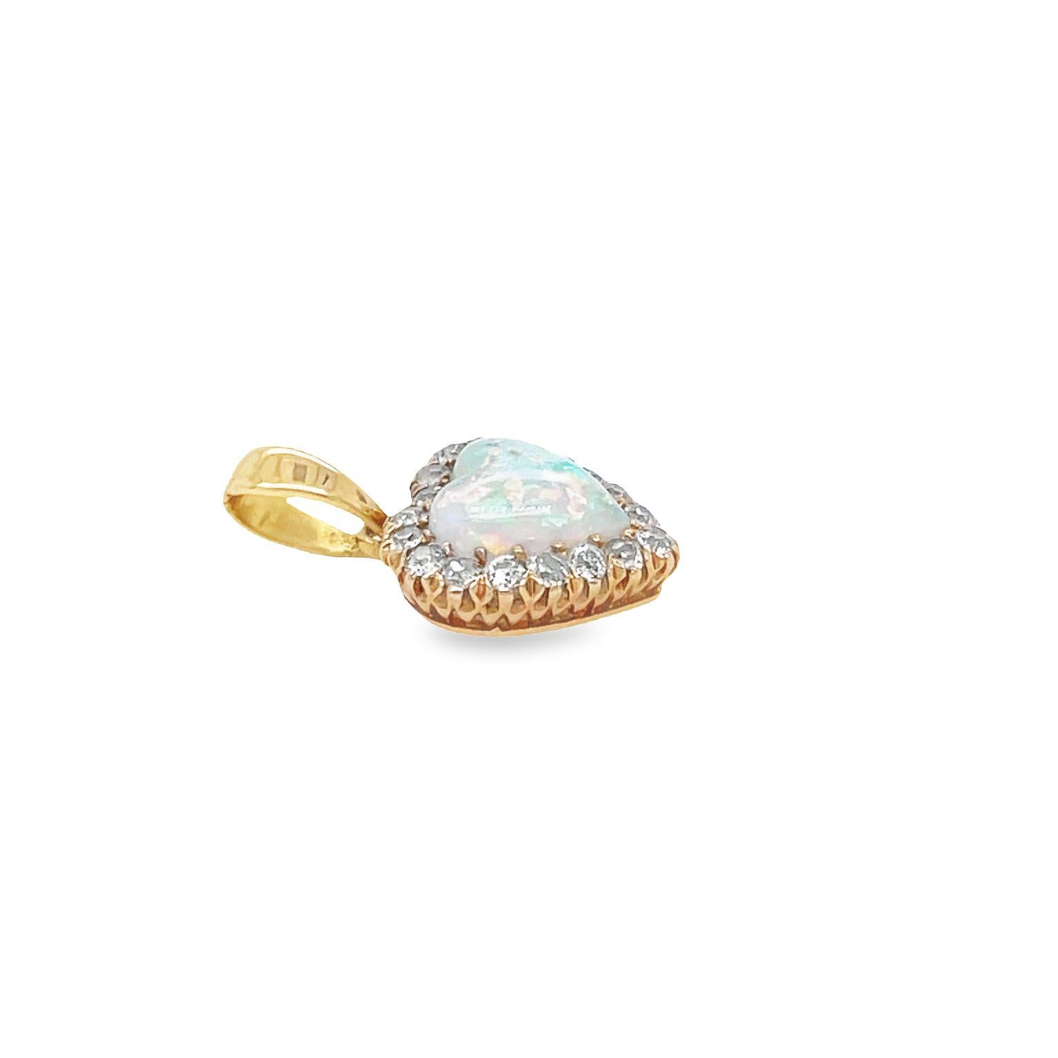 Antique 14K Yellow Gold Heart Opal Heart Halo Diamond Pendant In Excellent Condition For Sale In beverly hills, CA