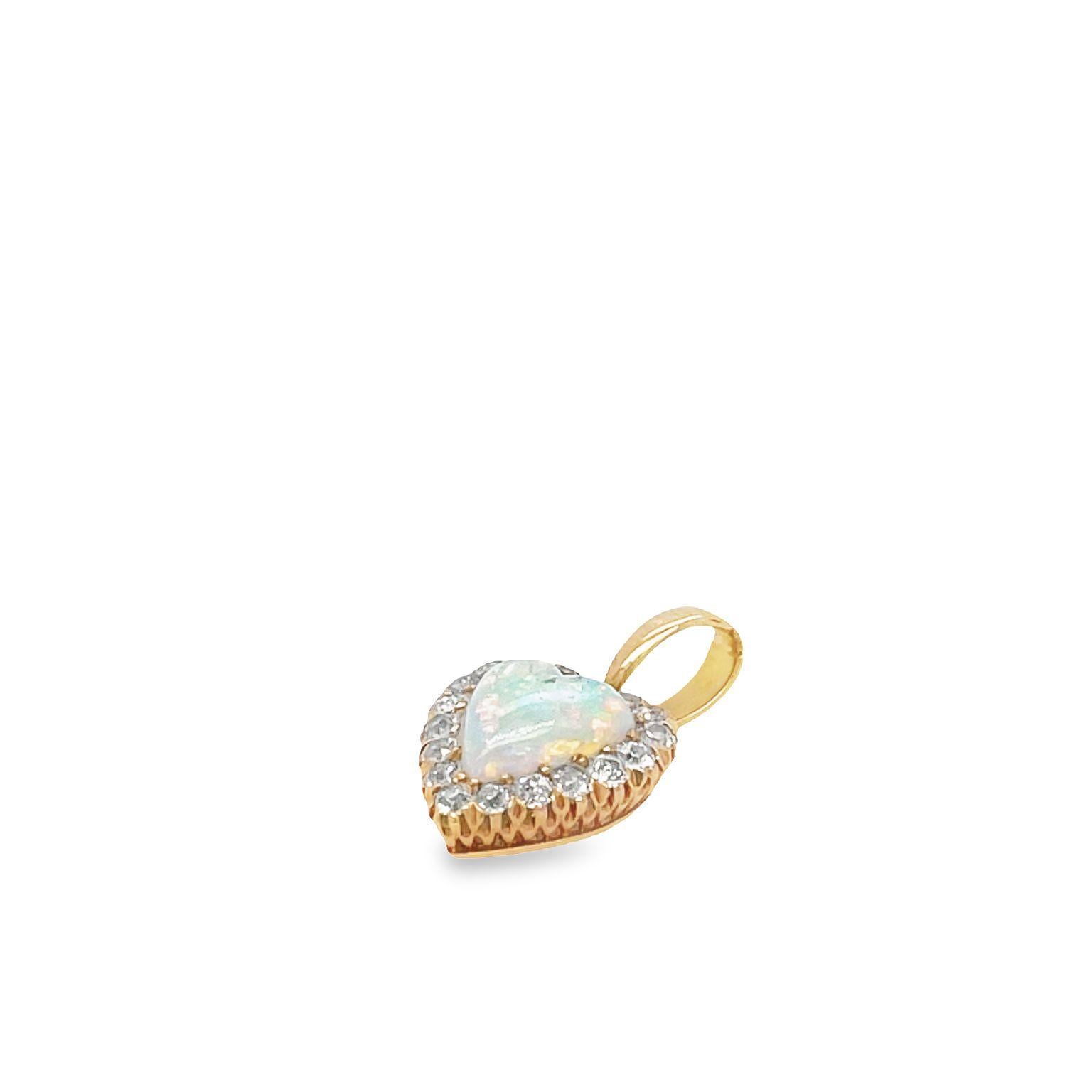 Women's Antique 14K Yellow Gold Heart Opal Heart Halo Diamond Pendant For Sale